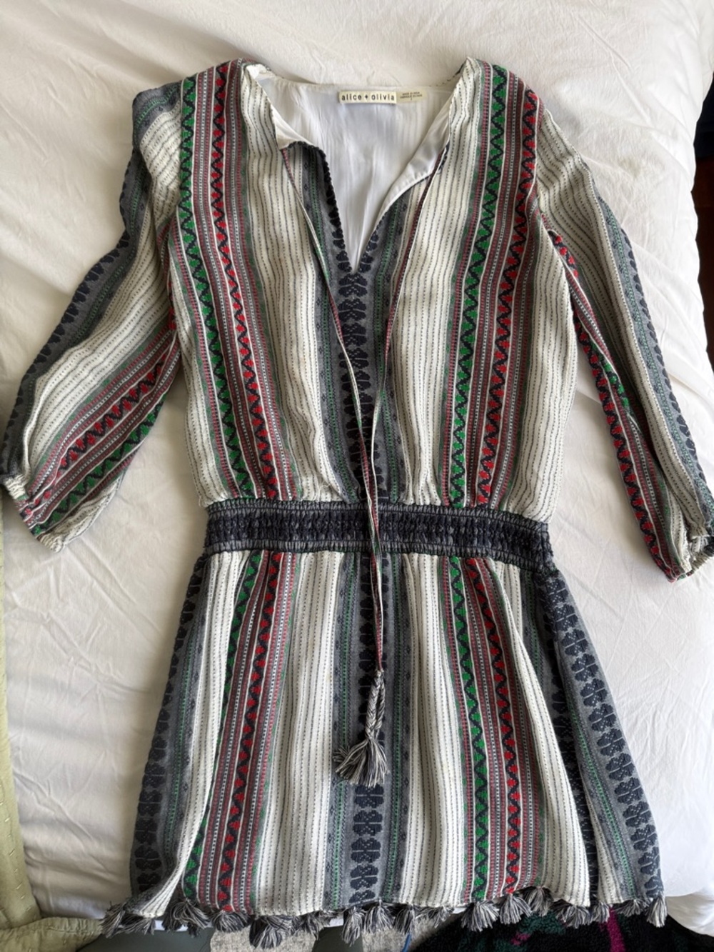 Alice + Olivia Cinco de Mayo Striped Embroidered Tassel Waist Dress